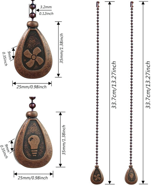2Pcs Ceiling Fan Pull Chain Set, 12 Inches Decorative Beaded Ball Chain Extender with Connector (Red Copper)
