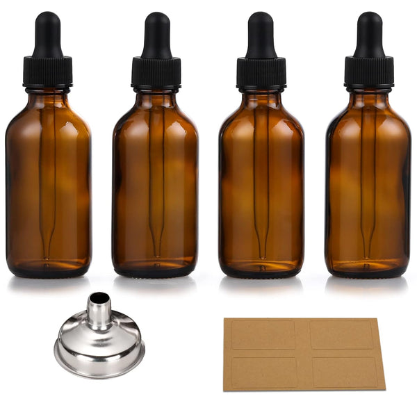 AOZITA Set of 4, 1 oz Eye Dropper Bottles with 1 Stainless Steel Funnel & 4 Labels - 30ml Dark Amber Glass