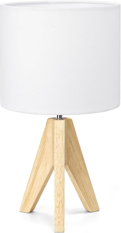 14.2 Inch, EDISHINE Small Cute Table Lamp, Wood Tripod Nightstand Lamp, Mid Century Bedside Lamp with Linen Fabric