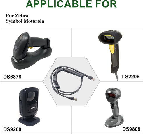Sumicor RJ45 LS9203i LS3578 LS4008i ds9908 DS6700 (3m/9.84ft Barcode Scanner USB Cord Coiled Cable for Symbol Zebra
