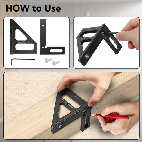 Metric 3D Multi-Angle Measuring Ruler, 45/90 Degree Aluminum Alloy Woodworking Square Protractor Tool