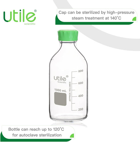 Utile 1000ml (33.8oz) Lab Media Bottle, 3.3 Borosilicate Glass Storage Bottle with Lid, PP Material