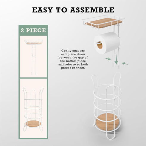 Inspired Living 3 Toilet Paper Holder Stand with Phone or Wipes Bamboo Shelf, Durable Free Standing Toilet Tissue Roll