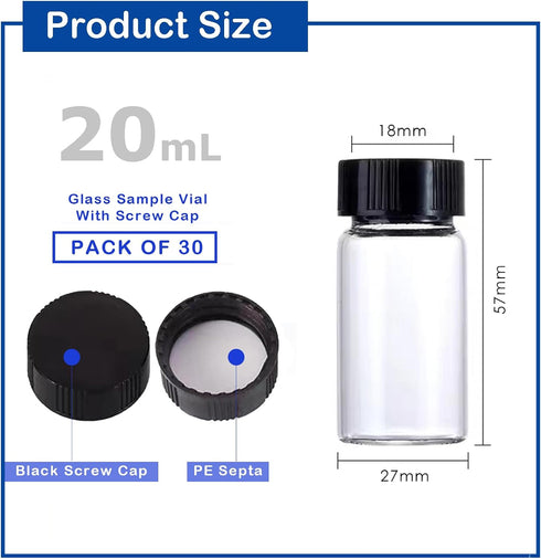 30Pcs 20mL Clear Glass Sample Vials, 5 dram Borosilicate Glass with Screwcap, PE Liner for Lab Liquid Sampling