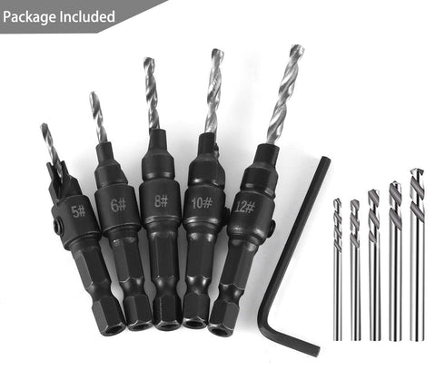5pcs Wood Countersink Drill Bit Set, Hex Shank Quick Change Counter Sinker, Pilot Bit Set for Woodworking