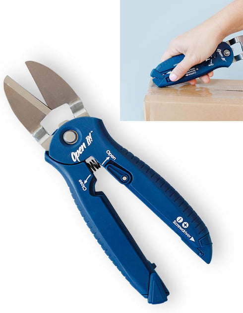 Zibra Open-It! All-In-One Multi Tool with Heavy-Duty Scissors, Box Cutter, Screwdriver, and Package Opener in Blue