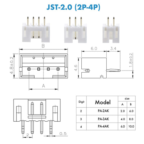 JST PH 2.0 mm Pitch 2-Pin/3-Pin/4-Pin JST Wiring Connecting IC Male Plugs, Female Sockets Housing, 150 Sets/750 Pieces
