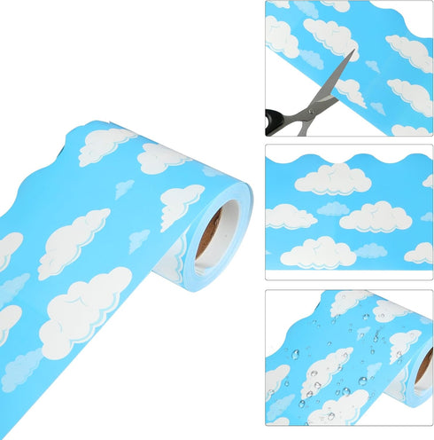 Blue Cloud Bulletin Board Paper Strips, 1Pc Scalloped Borders for Classroom Home Decoration
