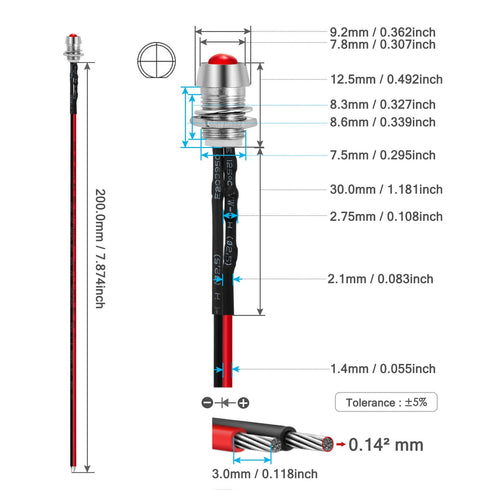 5 8mm 5mm 12V Bulb Chanzon pcs Panel Mount + LED Colored Red Pilot Diode Light (Diffused Round Lens) Universal Flush