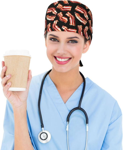 Nurse Scrub Cap Men Women with Buttons - Bacon Pattern A Print Soft Comfy Surgical Cap, Adjustable Tie Back Scrub Nurse