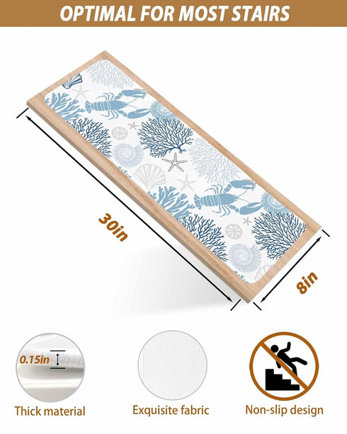 BOHOOSKYLAR 4 8"x30" Blue Lobster Stair Treads Ocean Starfish Navy Coral Shell Marine Life Indoor Non Slip Peel