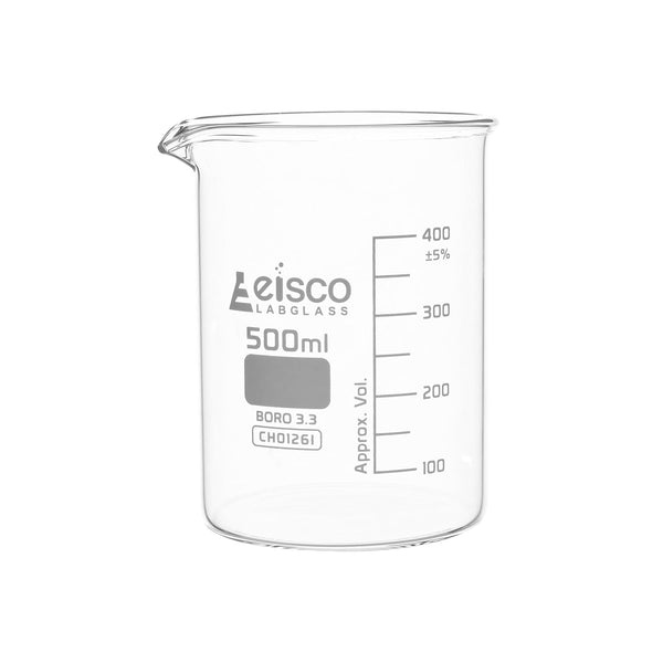 EISCO Low Form Beaker with Spout, 500ml - White, 50ml Graduations - Borosilicate 3.3 Glass