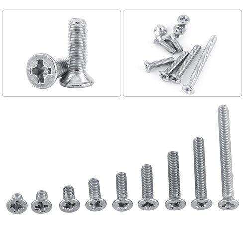 100Pcs/Bag M3 Machine Screws, 9 Types M3 Flat Head Stainless Steel SS304 Machine Countersunk Screw Bolt