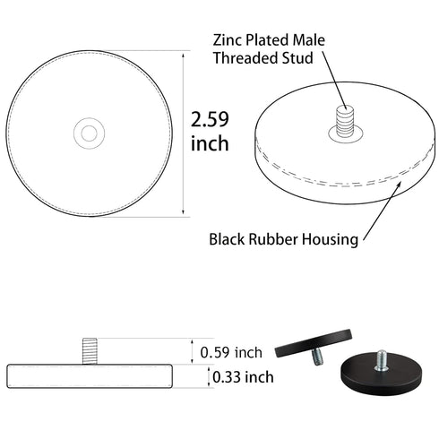 ULIBERMAGNET 2Pack Anti-Scratch 60lb Neodymium Round Rubber Coated Magnet with M8 Male Thread Stud