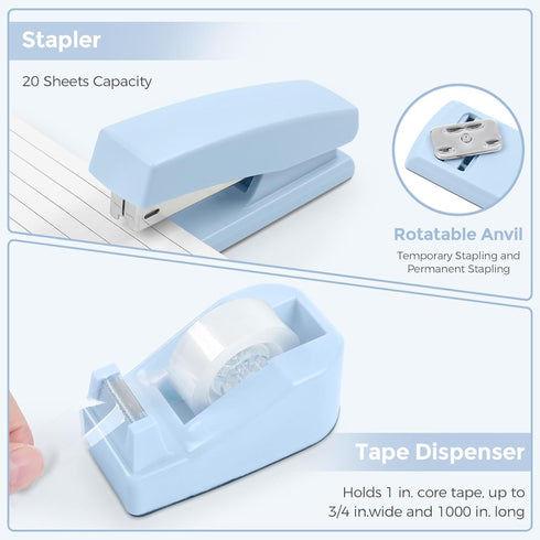 Set, 1000pcs SKYDUE Blue Office Supplies Office Desk Accessories, Mesh Desk Organizer, Stapler, Tape Dispenser