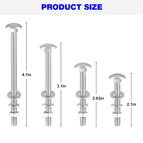 Wheelbarrow Handles Replacement Kit for 5/16 Stainless Nuts and Bolts 4", 3", 2-1/2" and 1" Wheelbarrow Parts, Wheel Barrow Handles - 12-Pack