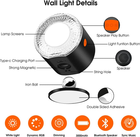 3000mAh Dimmable LED Wall Mounted Light, Battery Operated Wall Sconces with Bluetooth Speaker Rechargeable Wall Lights