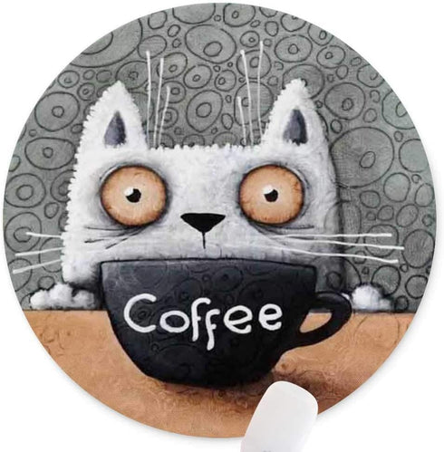 Round Mouse Pad - Anti Slip Rubber Cartoon Coffee Cat Mousepads for Home and Office, 7.9 x 7.9 inches