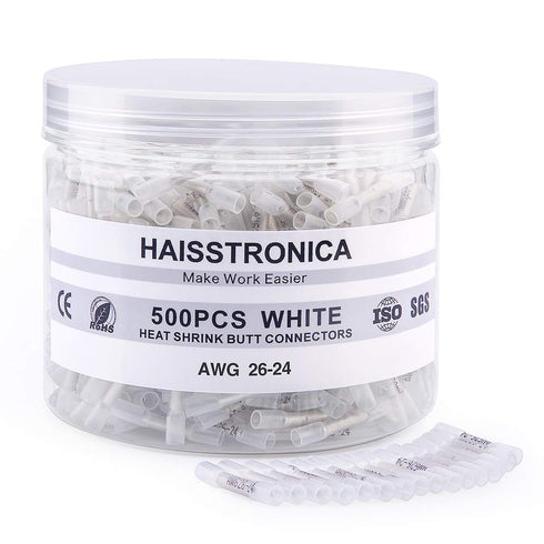 haisstronica 500PCS White Heat Shrink Butt Connectors 26-24 Gauge, Insulated Waterproof Electrical Connectors