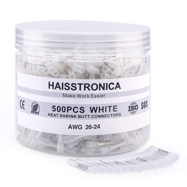haisstronica 500PCS White Heat Shrink Butt Connectors 26-24 Gauge, Insulated Waterproof Electrical Connectors