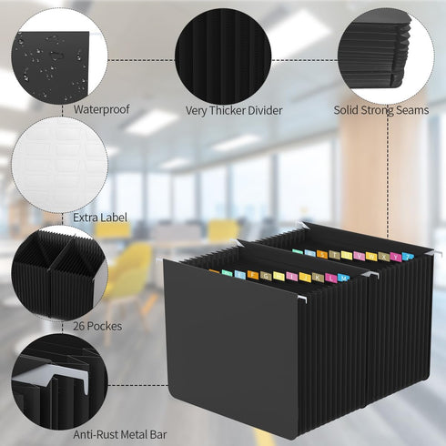 Plastic Expanding Hanging File Folders, Letter Size, 26 Expandable Pockets, Alphabetical A-Z Tabs, Black
