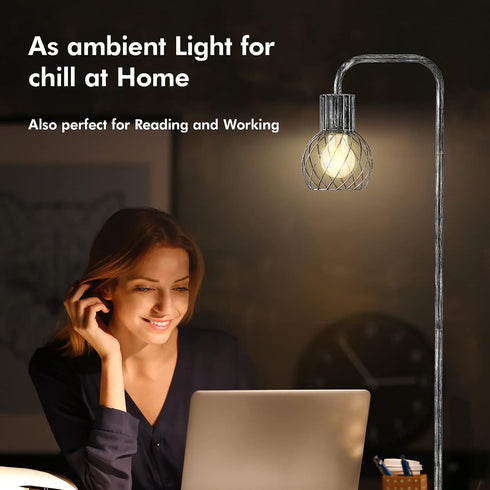6W Bulb, Industrial Floor Lamp, Antique Silver Standing Lamp Modern with LED Foot Switch, Metal Tall Lamps for Living