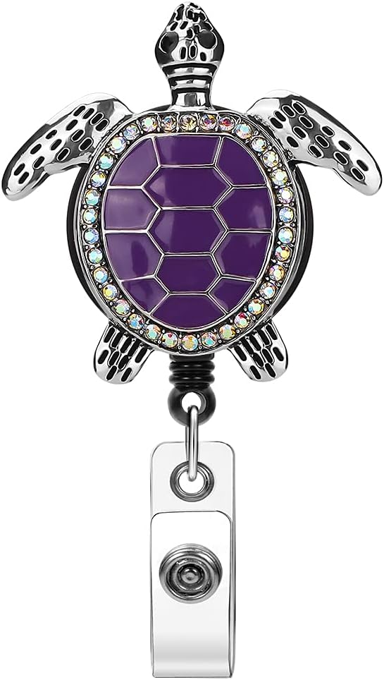 Soleebee Enamel Sea Turtle Badge Reel, 24'' Retractable ID Holder with Bling Rhinestone Clip (Purple)