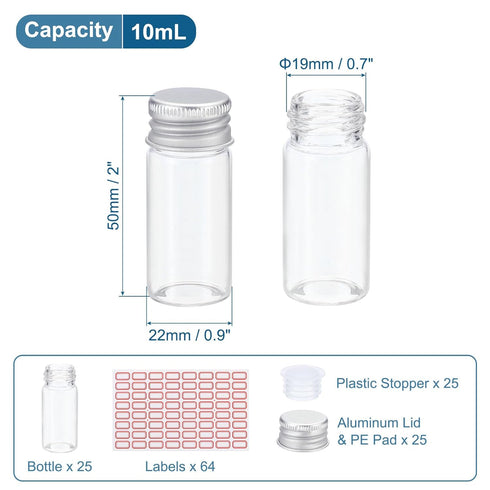 PATIKIL 25 Pack 10ml Clear Glass Vials, Small Liquid Sample Bottles with Screw Caps, Plastic Stoppers, 64 Labels