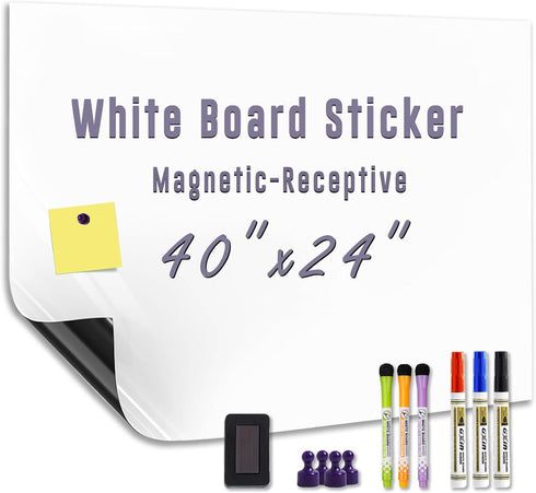 Magnetic White Board Sticker, 40'' x 24'' Adhesive Dry Erase Board for Wall, Includes Marker Magnet Eraser