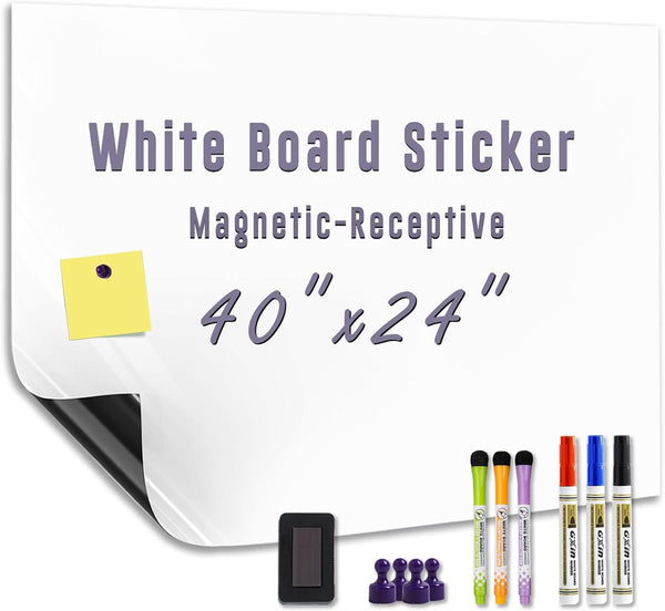 Magnetic White Board Sticker, 40'' x 24'' Adhesive Dry Erase Board for Wall, Includes Marker Magnet Eraser