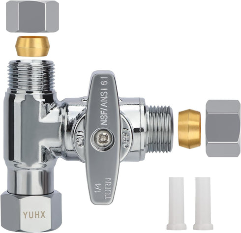 Brass Angle Stop Add-A-Tee Valve, 3/8 x 3/8" x 3/8" Compression Water Splitter