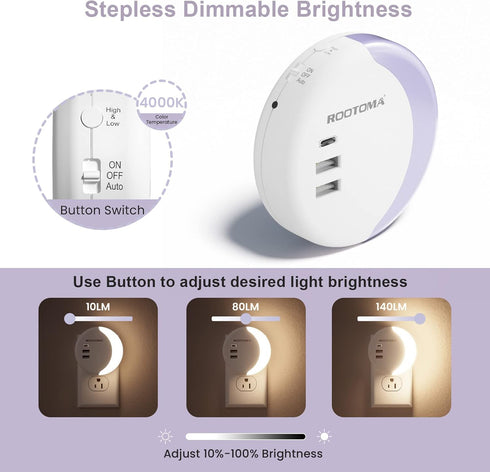 Dimmable 3 ROOTOMA Led Night Light Plug Into Wall, Night Light for Kids with USB Wall Charger Ports,Smart Dusk to Dawn