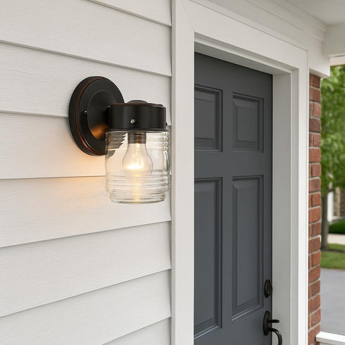 1 7.5 4.5 5.25 60W 505198 Design House Jelly Jar Light Wall Light, Oil Rubbed Bronze, Outdoor Downlight, Clear Glass