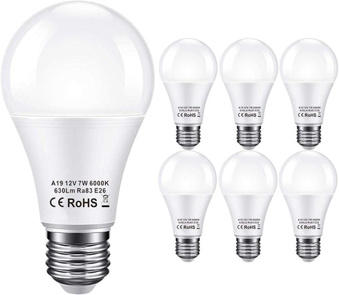 12V LED Light Bulb 60W Equivalent E26 7W 630Lm, Low Voltage AC/DC 11-18V, A19-12volt RV Marine, 6 Pack