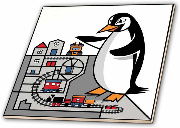 3dRose Funny Cute Colorful Penguin Bird Playing with Model Train Set Abstract