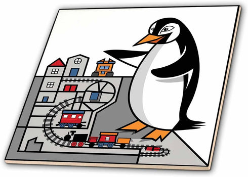 3dRose Funny Cute Colorful Penguin Bird Playing with Model Train Set Abstract