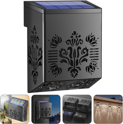 Solar Powered LED Fence Post Lights Outdoor Wall Lamp with Hollow Pattern Garden Patio Deck Lighting for Pathways