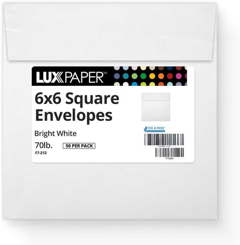 LUXPaper Square Invitation Envelopes, Peel & Press, 6" x 6", Bright White, 70lb Text, 50 Qty