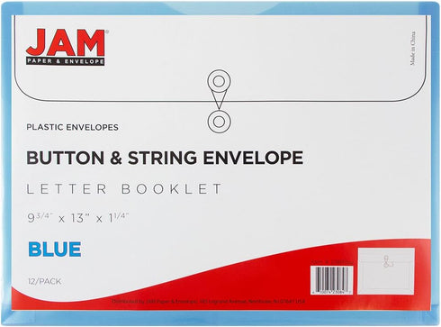 JAM PAPER Plastic Envelopes with Button & String Tie Closure, Blue, 12/Pack