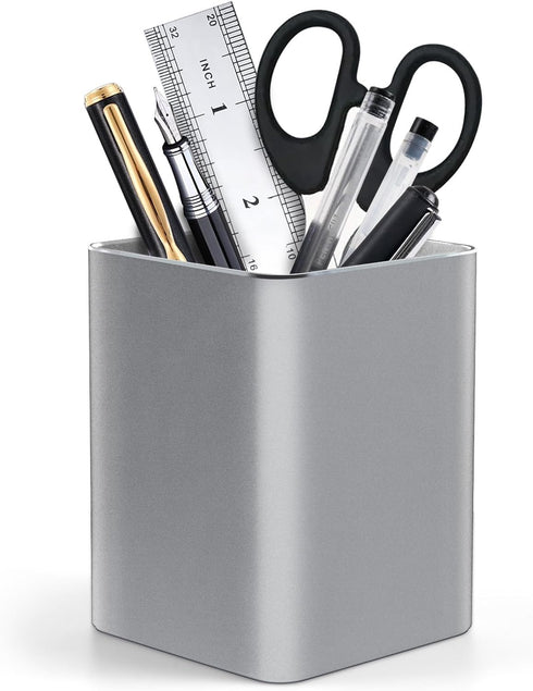 RQB Metal Pen Holder for Desk - Square Aluminum Organizer and Makeup Brush Holder, Gray