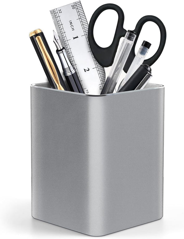 RQB Metal Pen Holder for Desk - Square Aluminum Organizer and Makeup Brush Holder, Gray