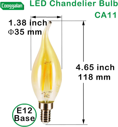 COOGGALAN E12 Bulb Dimmable, 25 Bulbs CA11 2W, Bulb, 2700K, 90, 12 Pack Amber Candelabra LED Light Watts Equivalent