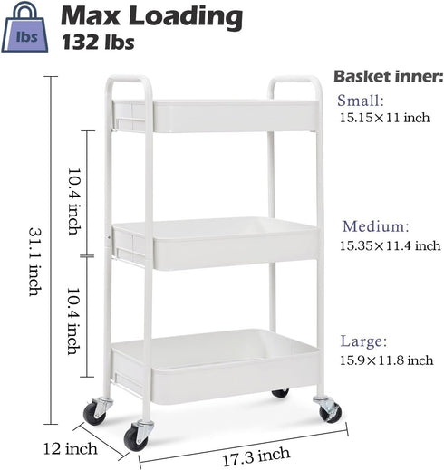 TOOLF 3-Tier Rolling Cart, Metal Utility Cart with Lockable Wheels, Storage Organizer for Office, Bathroom, Kitchen