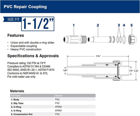 Midline Valve 567SD112 Heavy Duty PVC Repair Coupling; Expandable Pipe Fitting; 1-1/2 in.; White
