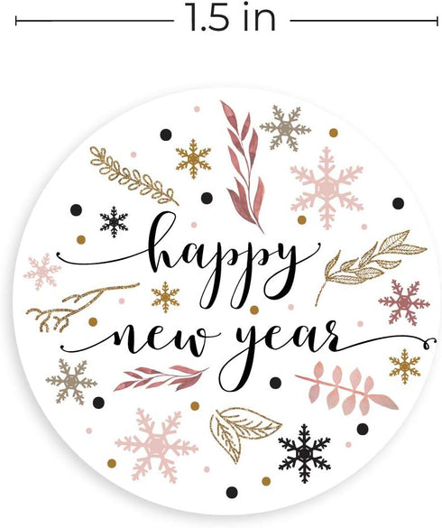 Floral Happy New Year Stickers, 500 New Year's Eve Labels, 1.5" Holiday Card Envelope Seals, Made in The USA