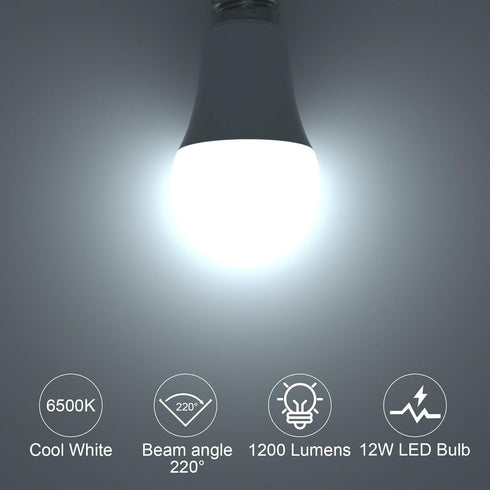 ORALUCE A19 LED Light Bulb, 12W, 100 Watt Equivalent, 1200LM, 6500K Cool White, E26 Base, Non-Dimmable, Energy