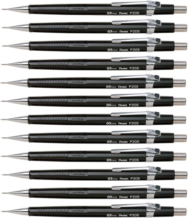 Pentel 0.5 mm Lead Automatic Pencil, Black, Pack of 12