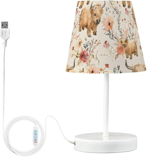 Bedside Lamp Cute Highland Cows Flowers Table Lamp Bedroom LED Nightstand Desk