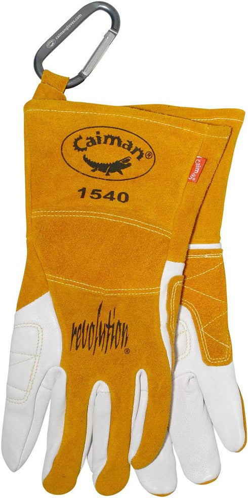 Caiman Premium Goat Grain TIG/Multi-Task Welding Gloves, Split Cowhide Back, 4-Inch Extended Cuff, White/Gold, X-Large
