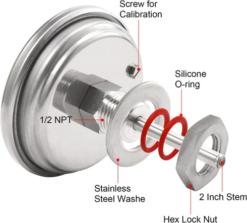 Dial Thermometer, Stainless Steel Thermometer for Home Brewing, 1/2 NPT Kettle Thermometer with Lock Nut & O-Ring